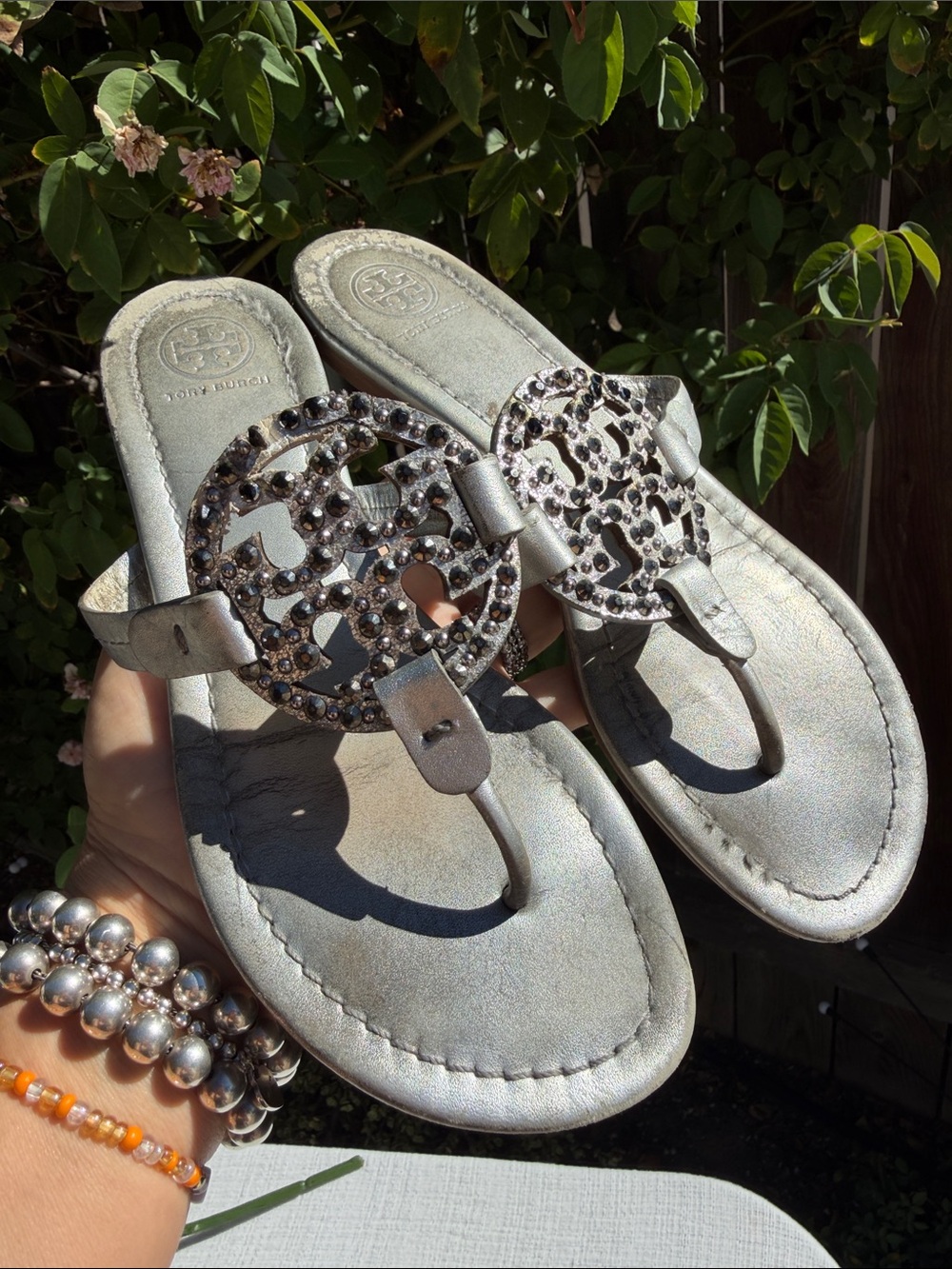Tory Burch Miller Embellished Sandals Silver Size 7 .❤️